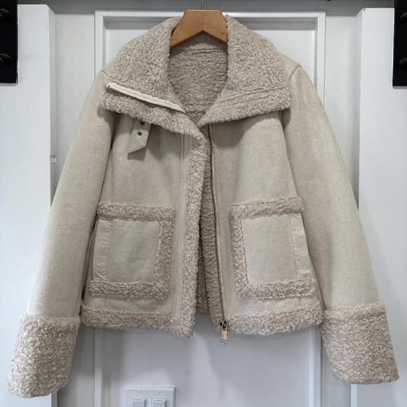 ZARA Ivory Faux Suede Shearling Moto Jacket Size Medium